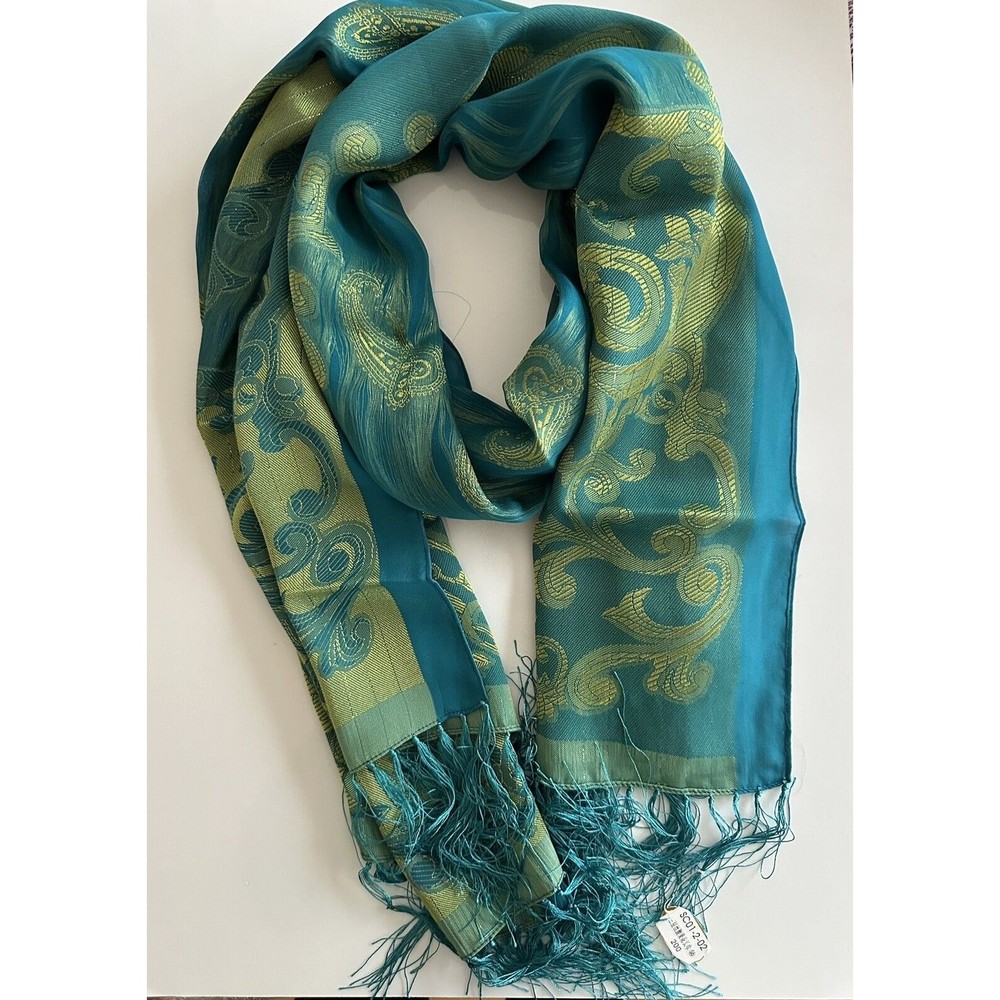 Chinese Silk Scarf/Wrap Emerald With Gold Embroidery 25”x 64” , 5” Fringe
